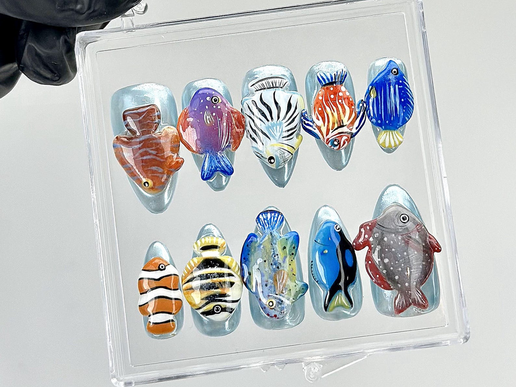 Tropical Aquarium Press On Nails 3D Fish Aquarium Fake Nails Ocean Fish Nail Art Marine Life Press Ons Kawaii NailsUniqueOA875YK