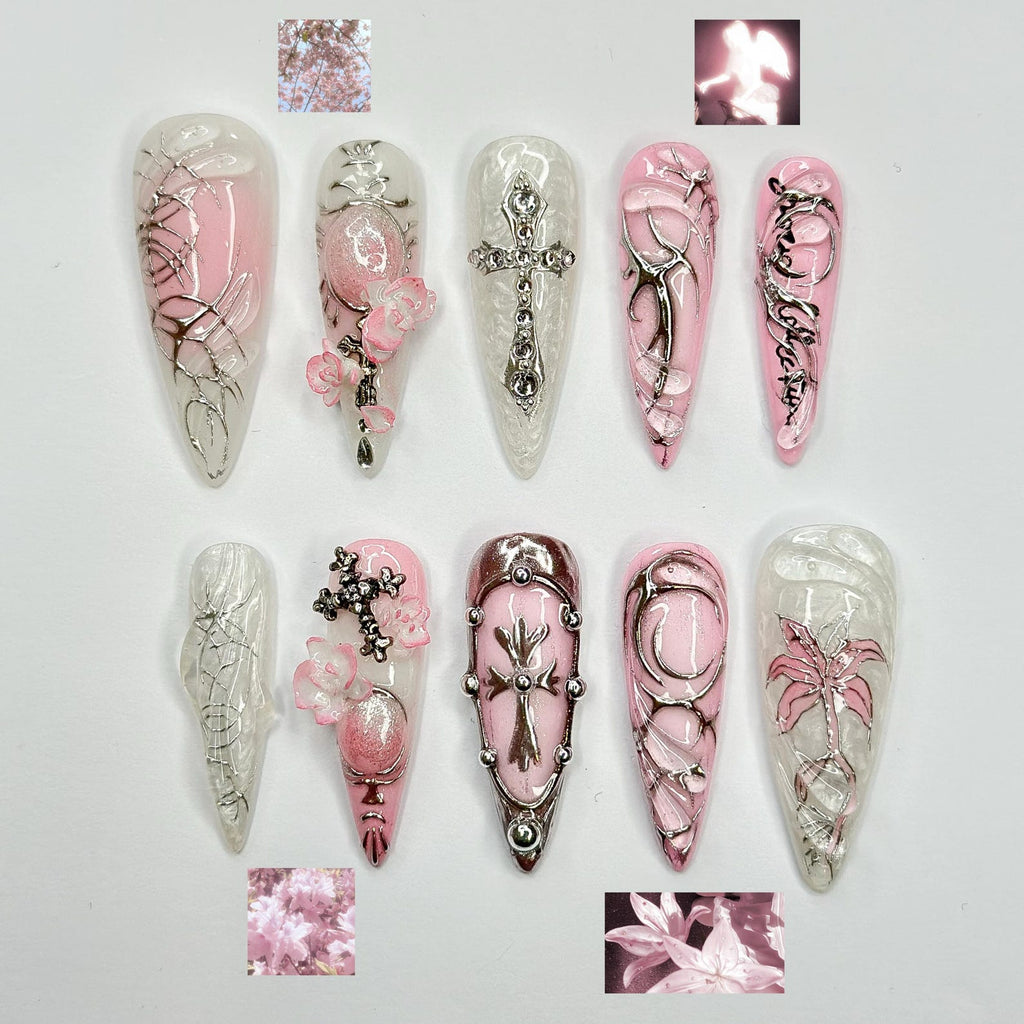 3D Pink Gothic Cyber Nails, Silver Chrome Cross Press Ons, Ethereal Grunge Liquid Metal