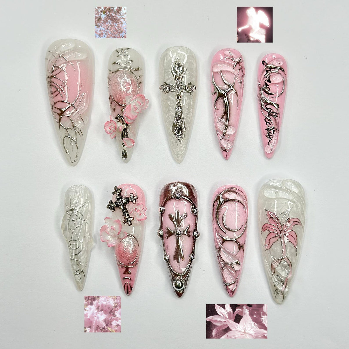 3D Pink Gothic Cyber Nails, Silver Chrome Cross Press Ons, Ethereal Grunge Liquid Metal