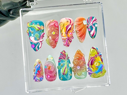 Colorful 3D Press On Nails by Dorynail Swirl Rainbow Fake Nails Swirly Neon Nail ArtMulticolor 3D Nail ArtPsychedelic Nails|OB796YC