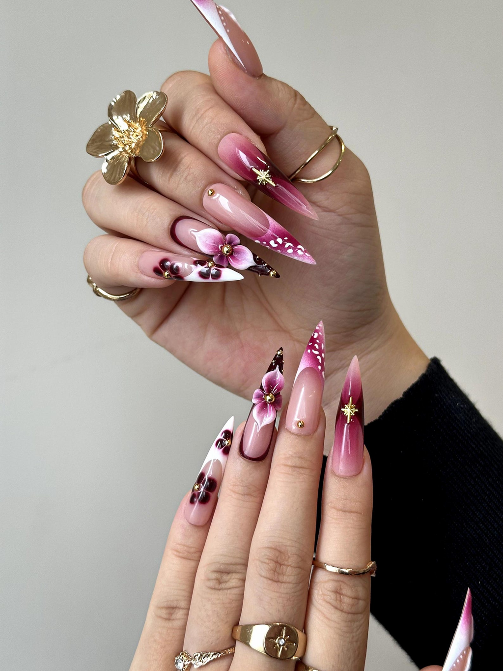 Elegant Floral Press On Nails 3D Floral Ombre Nails Burgundy & Pink Gradient Nail Art