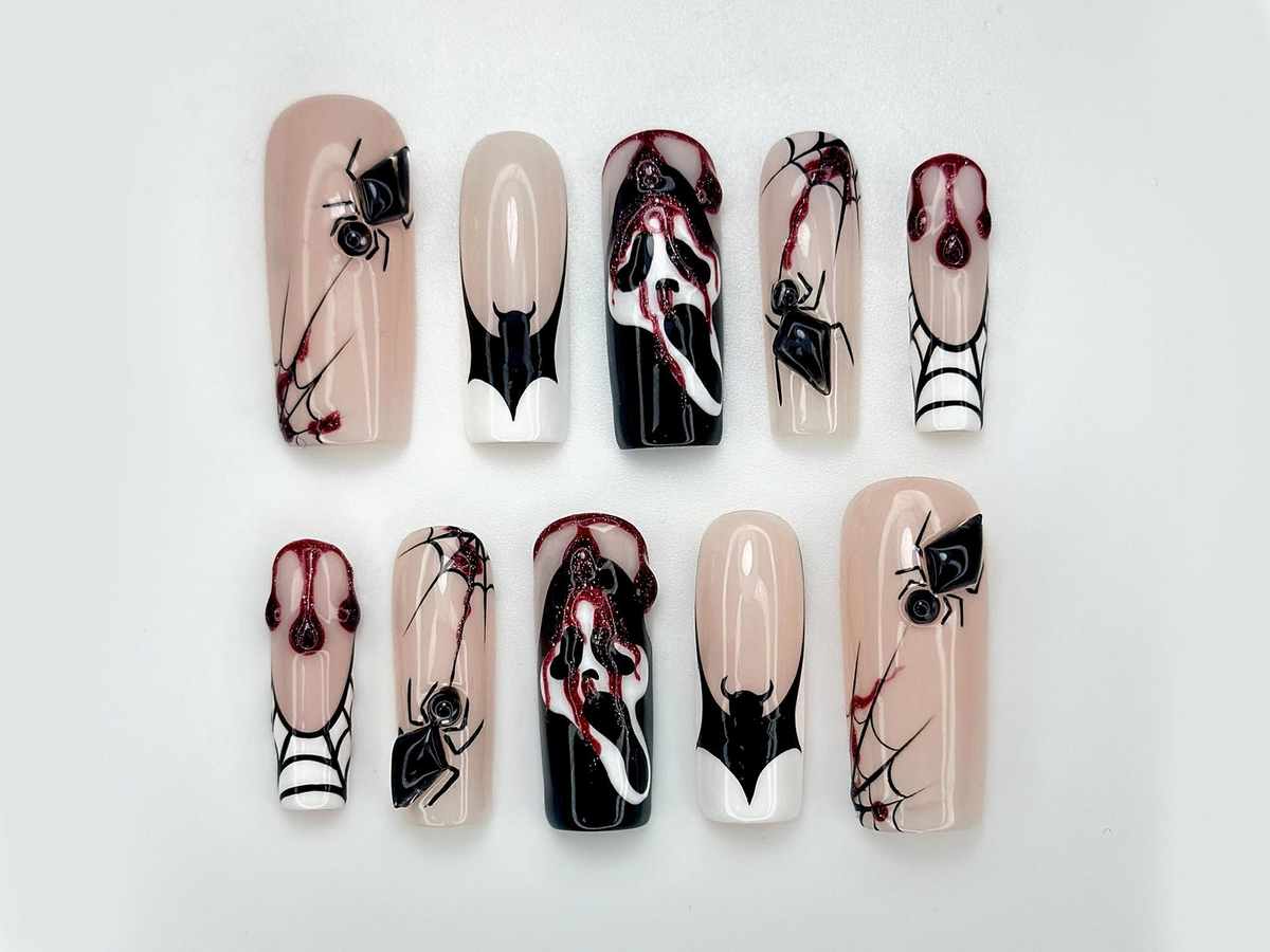 Gothic Spider Web Press On Nails 3D Black Widow and Blood Drip Art Scream Ghost & Webbed Bat Design Halloween Horror Nail