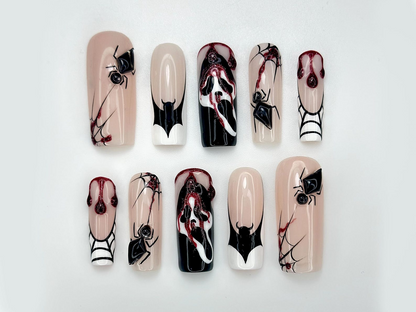 Gothic Spider Web Press On Nails 3D Black Widow and Blood Drip Art Scream Ghost & Webbed Bat Design Halloween Horror Nail