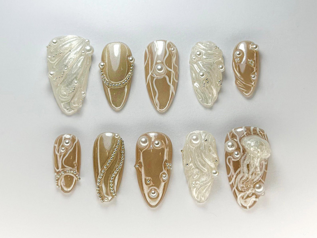 3D Pearl Jellyfish Press-On Nails Ocean-Inspired Pearl Nail Set Elegant Nude & Pearl Nail Art Classy Ocean Nail Ocean Theme| OB721HC