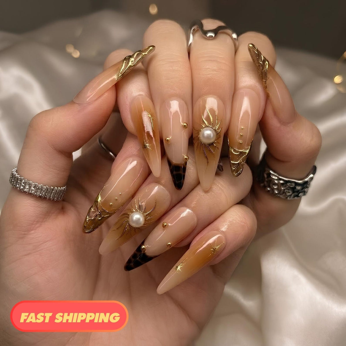 Gold Sun Pearl Press On Nails, Shiny Jelly Brown Nails, Luxury Gold Swirl Art, Bold