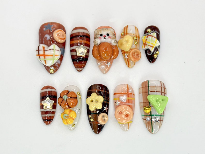 Kawaii 3D Cat Press On Nails Cute Autumn Plaid Nails Cat & Plaid 3D Nail Set Handmade Kawaii Nail Set Autumn Inspired OB594HC