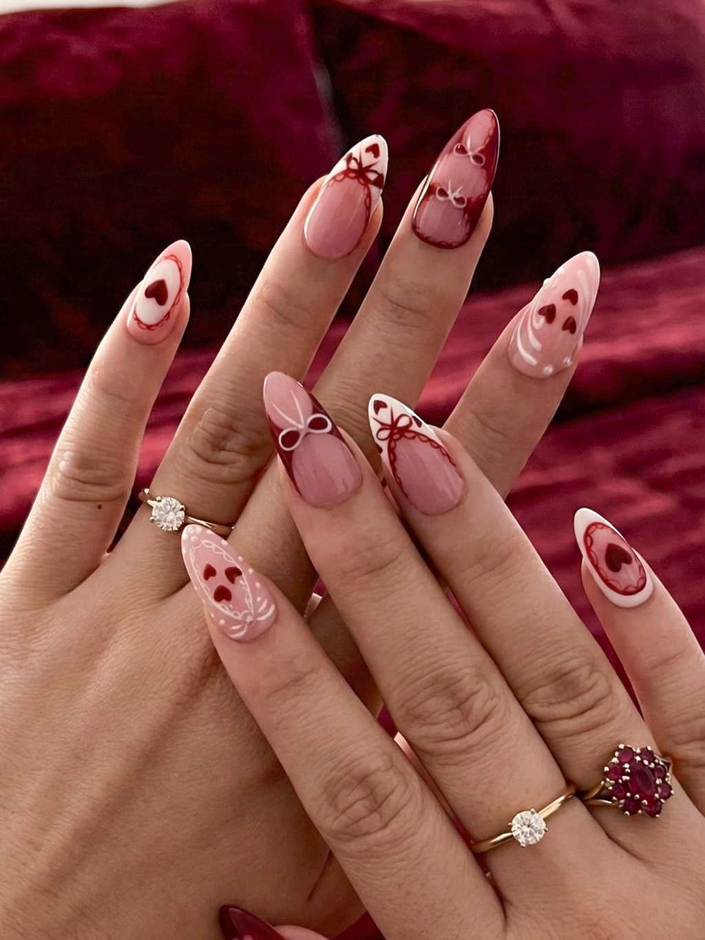 Press On Nails Adhesive Tabs – Pink Red Heart & Bow Design Long Almond Handmade Fake Nails