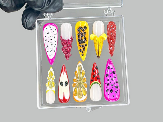 Tropical Fruit Press On Nails Dragonfruit & Banana Nail Art Colorful Fruit Press Ons Kawaii Fruit Fake nails Summer Nails