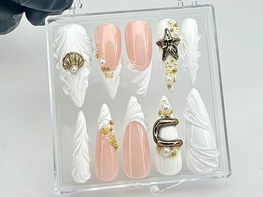 Pearl Starfish Shell Press On Nails by dorynail Ocean Theme 3D Press Ons Mermaid Bride Fake Nails Pearl Bridal Nail Art OC849YC