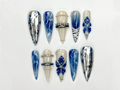 Blue Marble Blossom Press On Nails for Spring Blue Handmade Nude & Sapphire Nails with