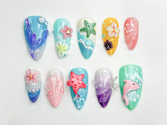 Tropical Starfish Press On Nails Summer Ocean Beach Nail Set 3D Starfish & Hibiscus Nail Art Vibrant Mermaidcore Press Ons OB794HC
