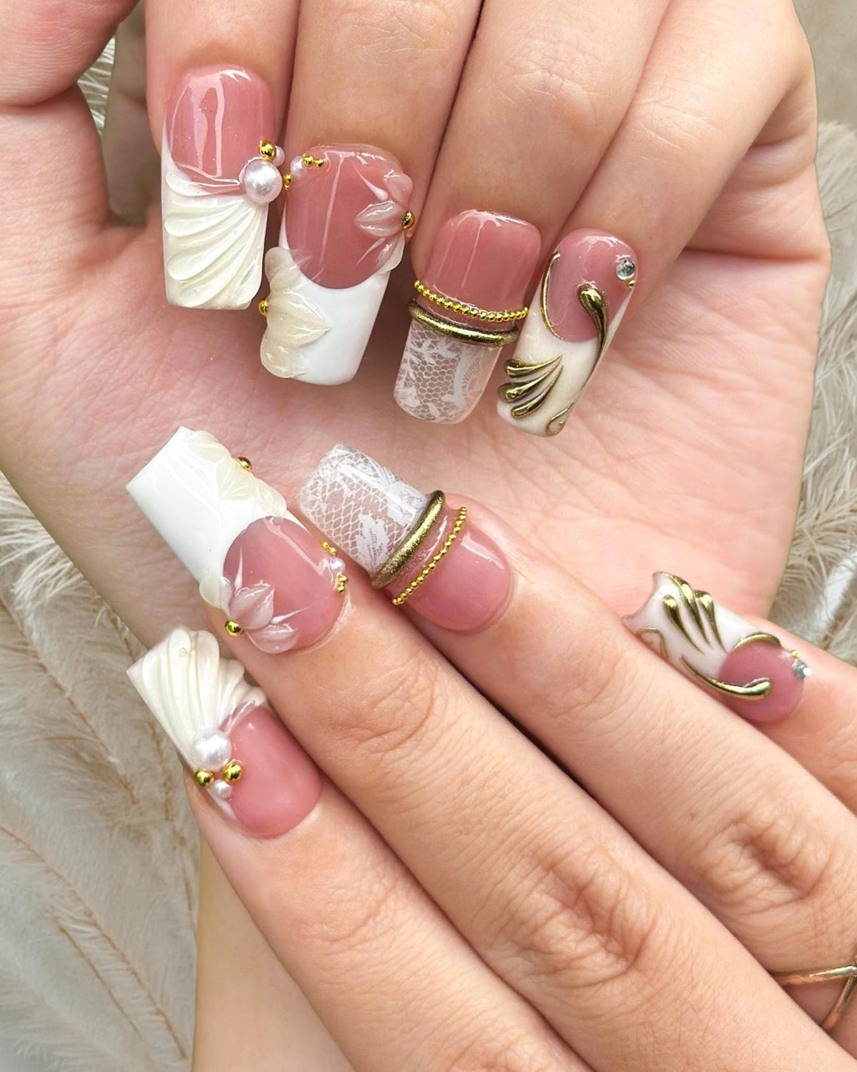 Royal Balletcore Press On Nails, Luxury Bridal Wedding Nails, Pearl French Tip Nails