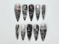 Press On Nails Adhesive Tabs – Black Silver Chrome Abstract Art Long Stiletto Handmade