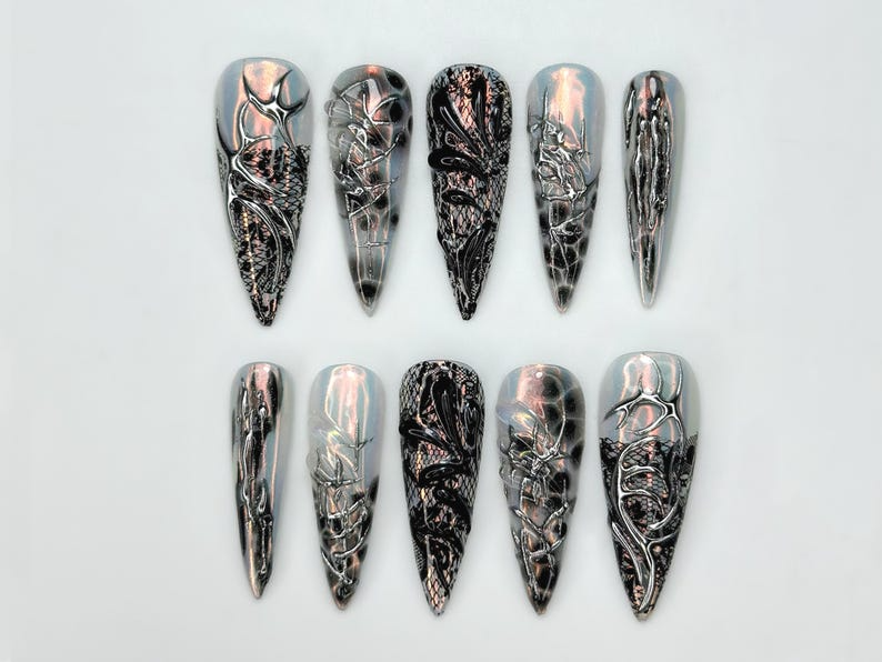 Press On Nails Adhesive Tabs – Black Silver Chrome Abstract Art Long Stiletto Handmade