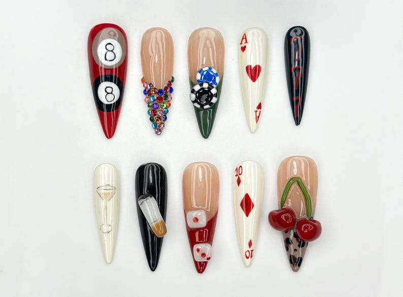 Casino Game Theme Press On Nails 3D Poker Dice & Martini Nails Vegas Party Press Ons Bold Handmade Nail| Vegas Nightlife Nail