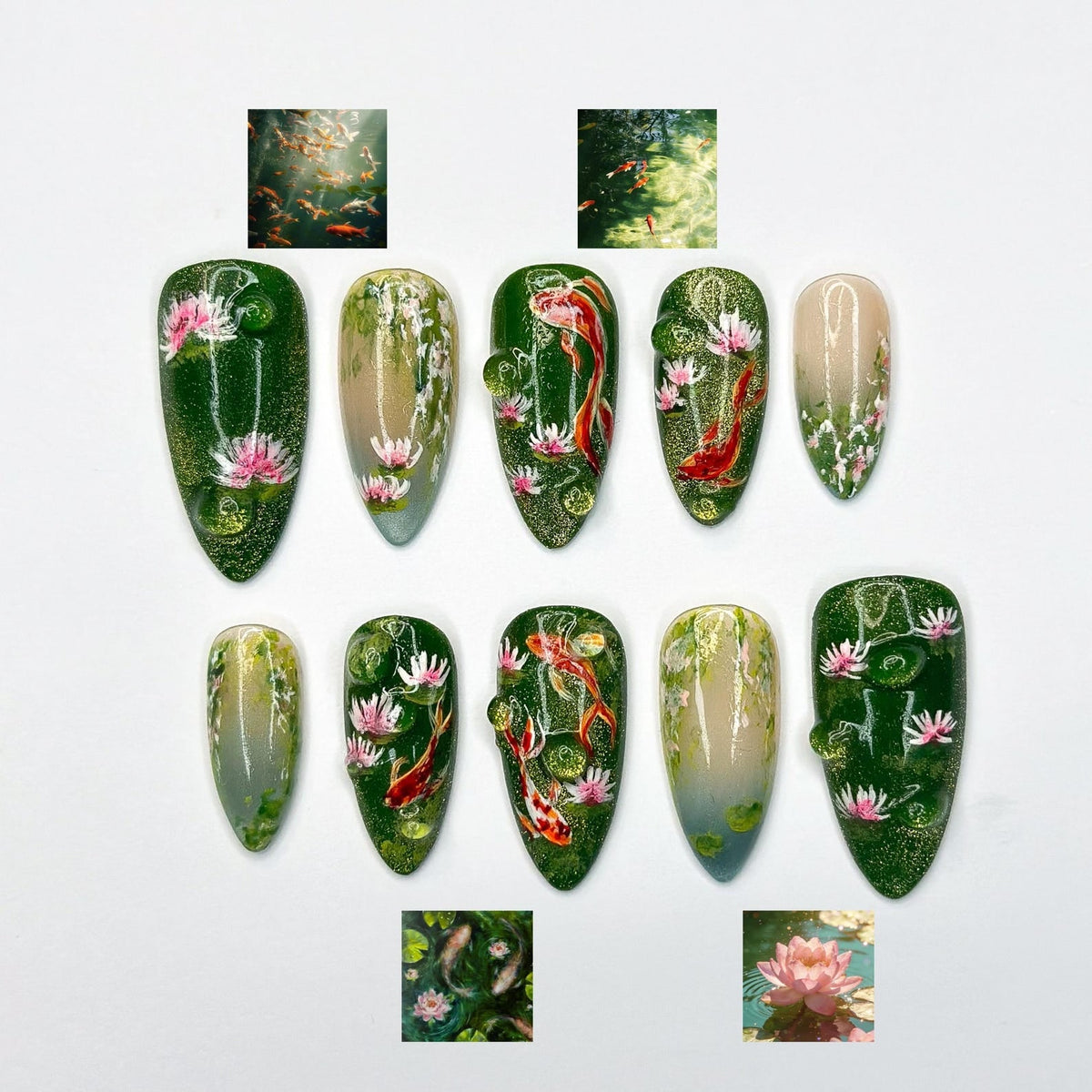 3D Koi Pond & Pink Lotus Press On Nails, Zen Garden Art, Luxury Moss Green Shimmer