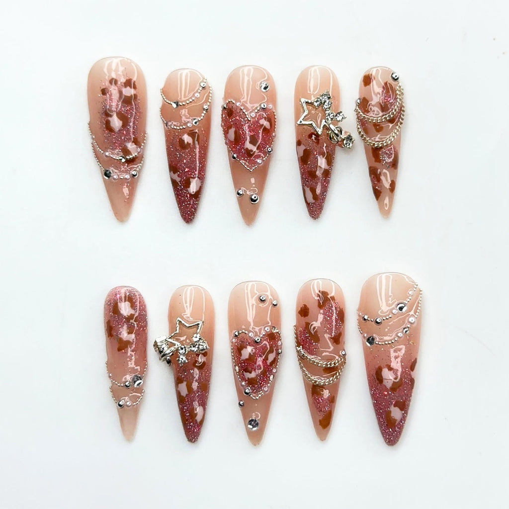 Leopard Print Press On Nails, Luxury Gyaru Y2K Stiletto Nails, Silver Star Chain Heart