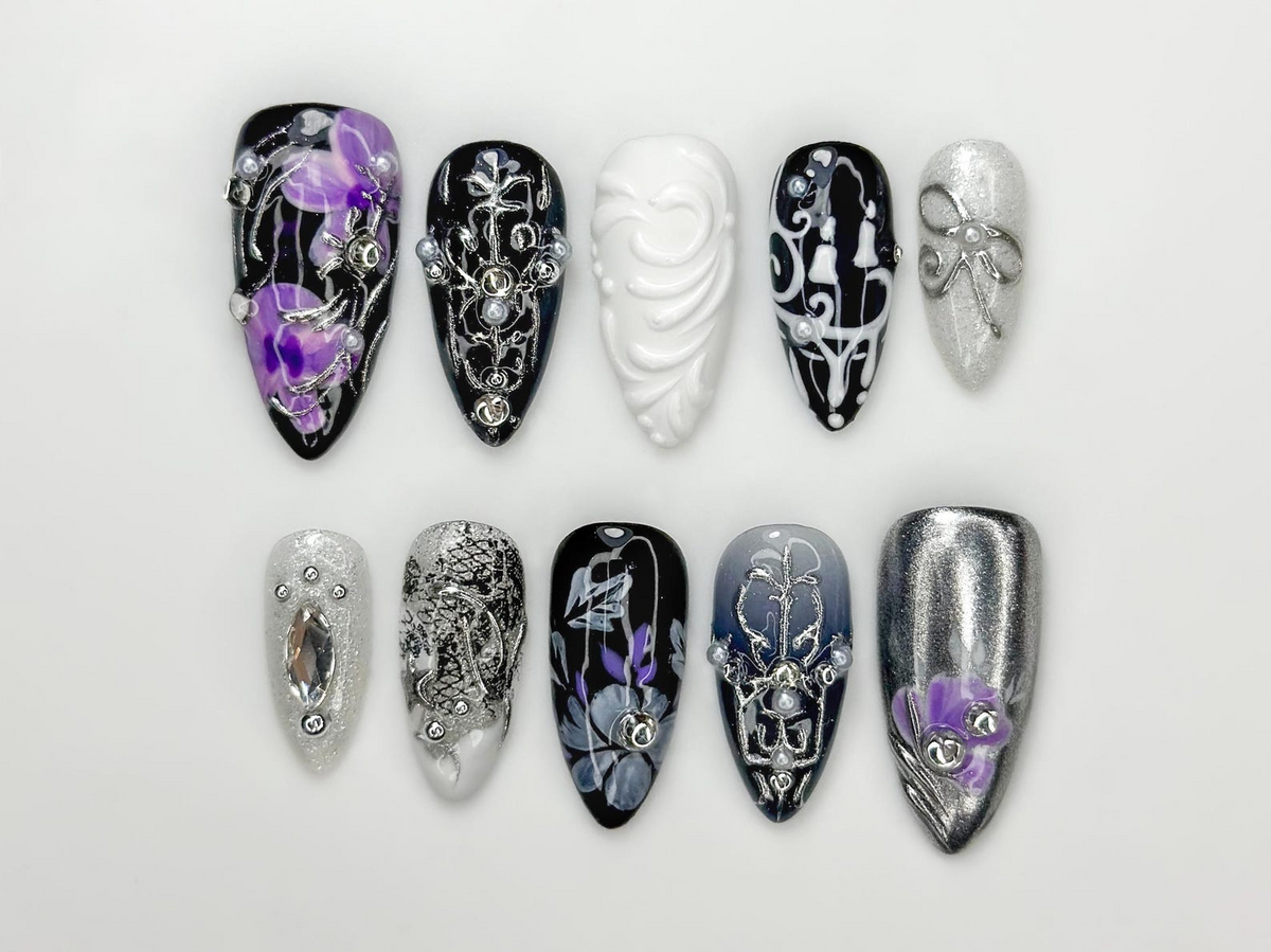Gothic Violet Chrome Press On Nails Black Silver Luxury Nails 3D Baroque Floral Nails Dark