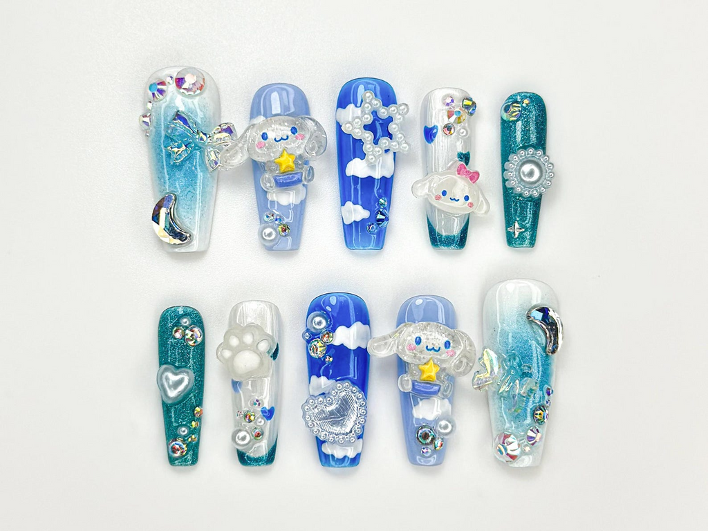 Kawaii Puppy Cloud Press On Nails Blue Sky Nail Art 3D Cloud & Star Resin Nails Dreamy Pup-Inspired Press Ons Cute Nails