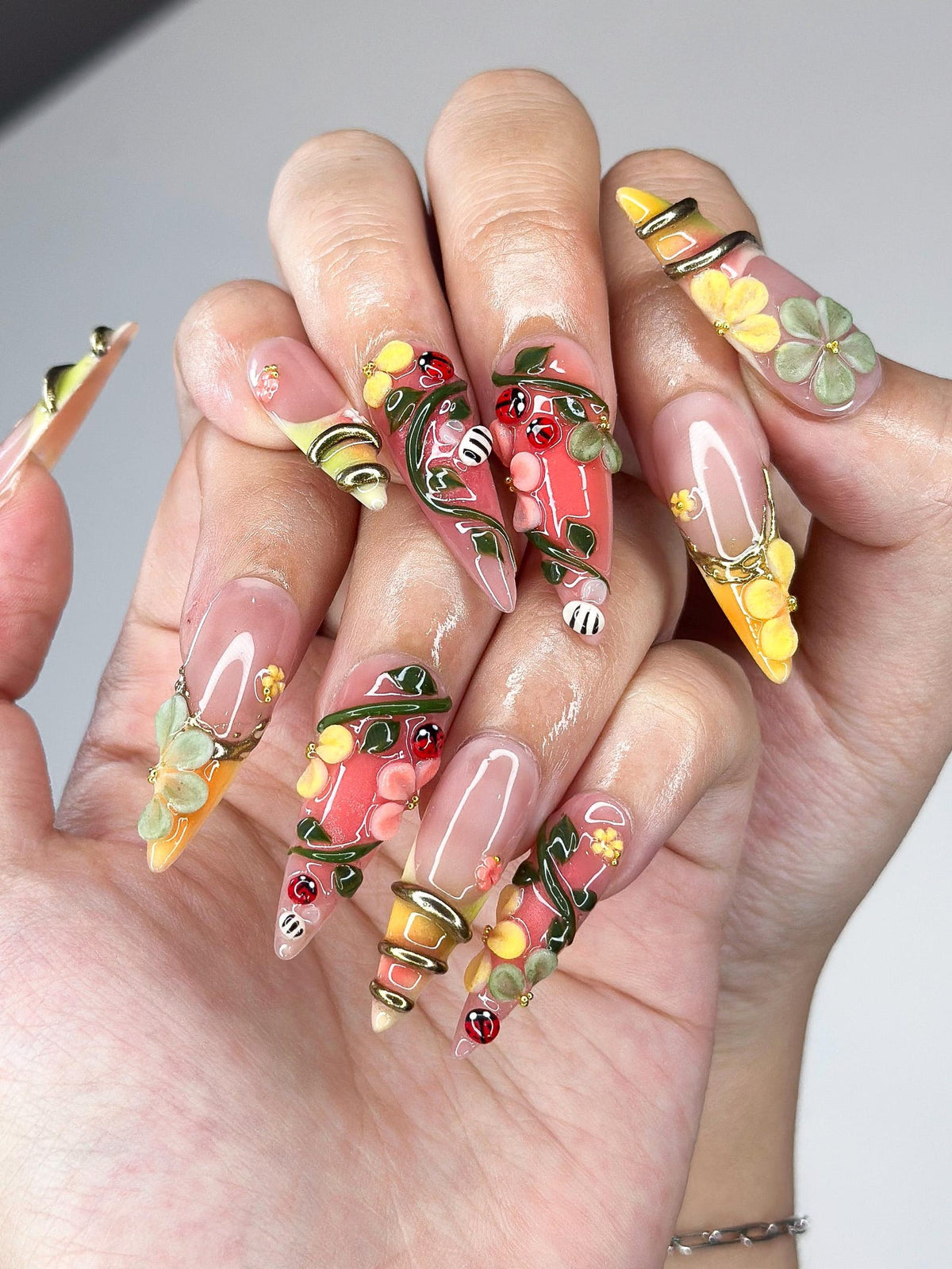 3D Ladybug Floral Press On Nails, Metallic Vines Enchanted Garden Set