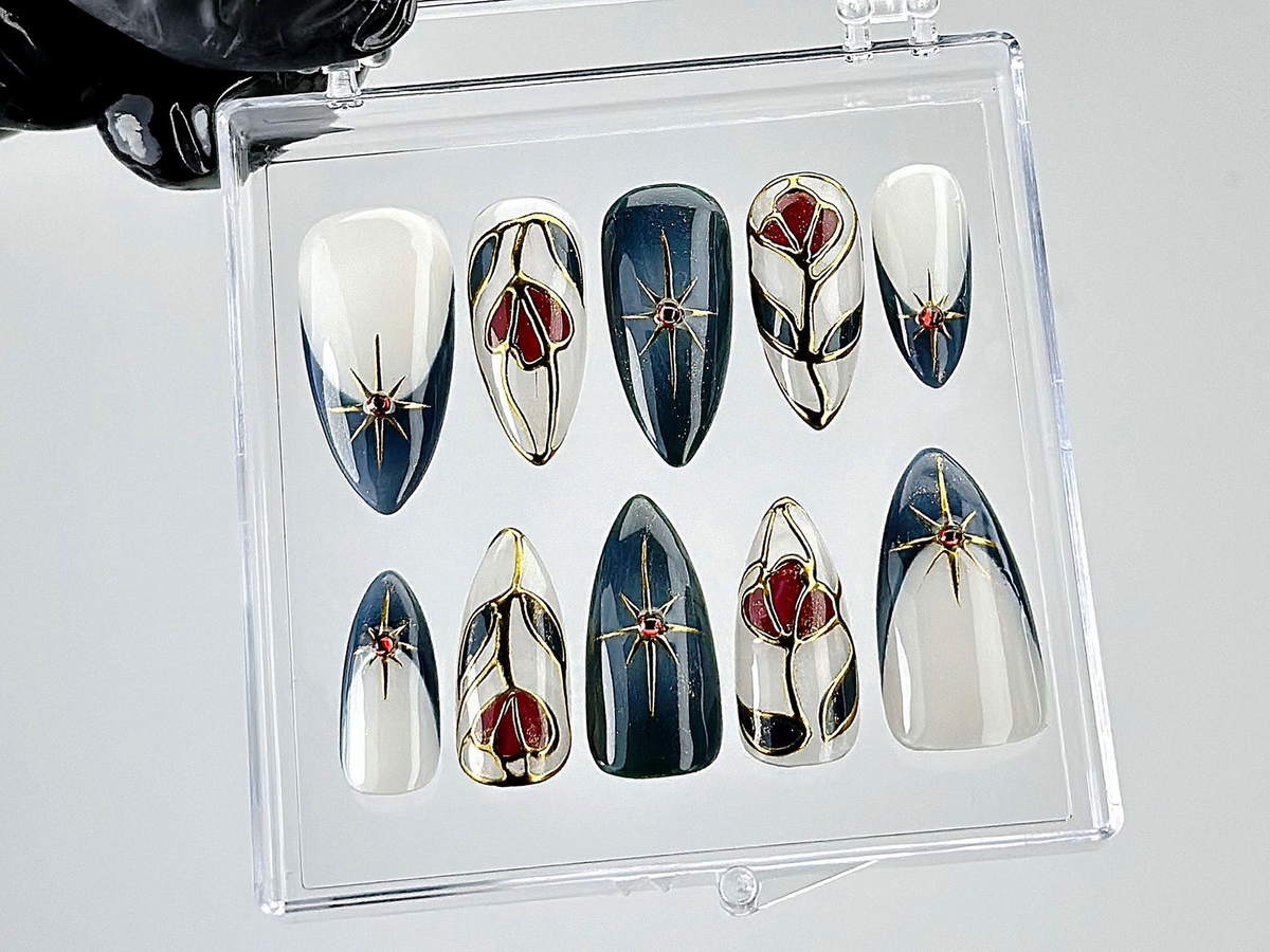 Gothic Floral Press On Nails Baroque Midnight Rose Fake Nails Art Nouveau Gothic Nail Art Dark Floral Press OnsClassy NailsOB887YC