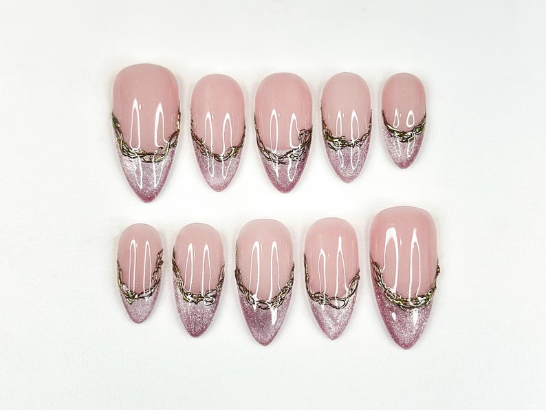 Rose Gold French Press On Nails Nude Pink Luxury Nails Gold Chain French Tips Elegant Minimal Nail Art Chic Press Ons