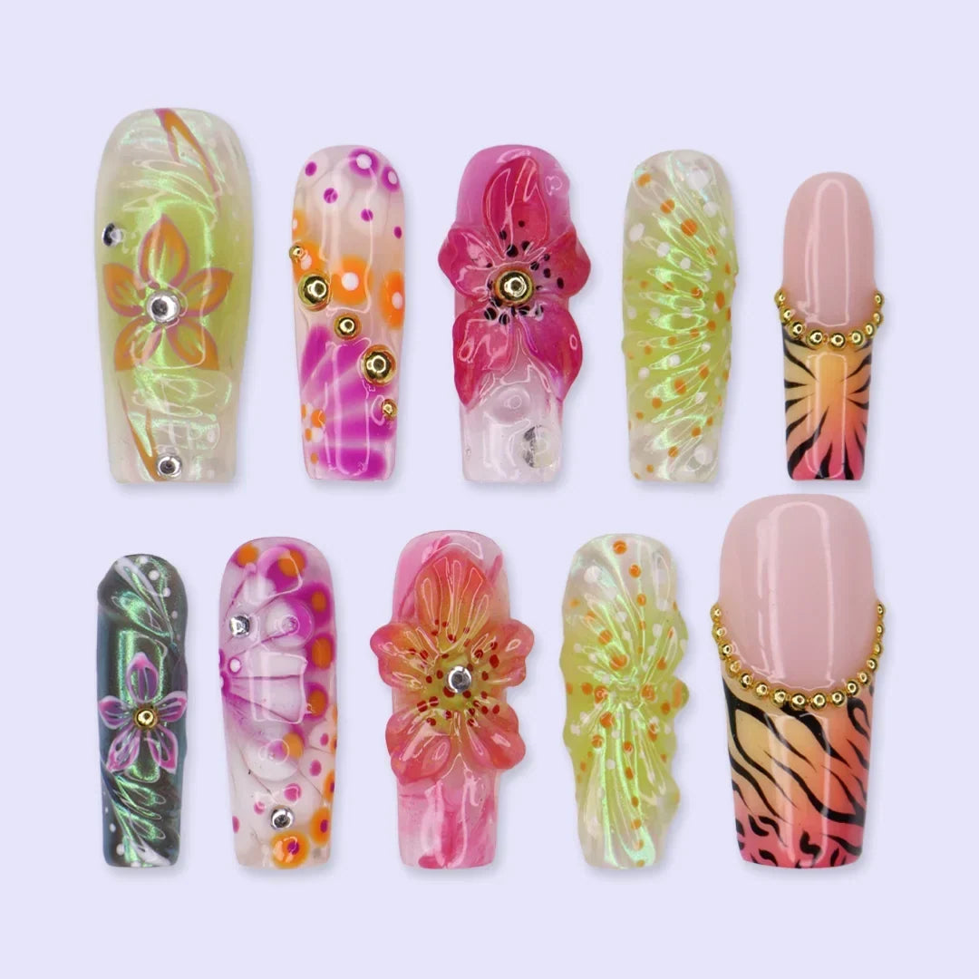 Jungle Mirage Floral Tropical Pink Orange Press On Nails