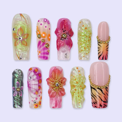 Jungle Mirage Floral Tropical Pink Orange Press On Nails