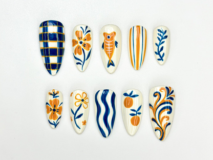 Summer Pottery Press On Nails Blue Orange Floral Nail Art Greek Pattern Summer Nails Hand Painted Ceramic Style Nails