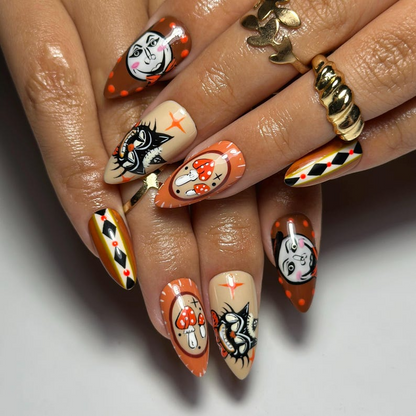 Halloween Press On Nails Hand Painted Vintage Clown & Cat Nail Set Retro Mushroom Fake