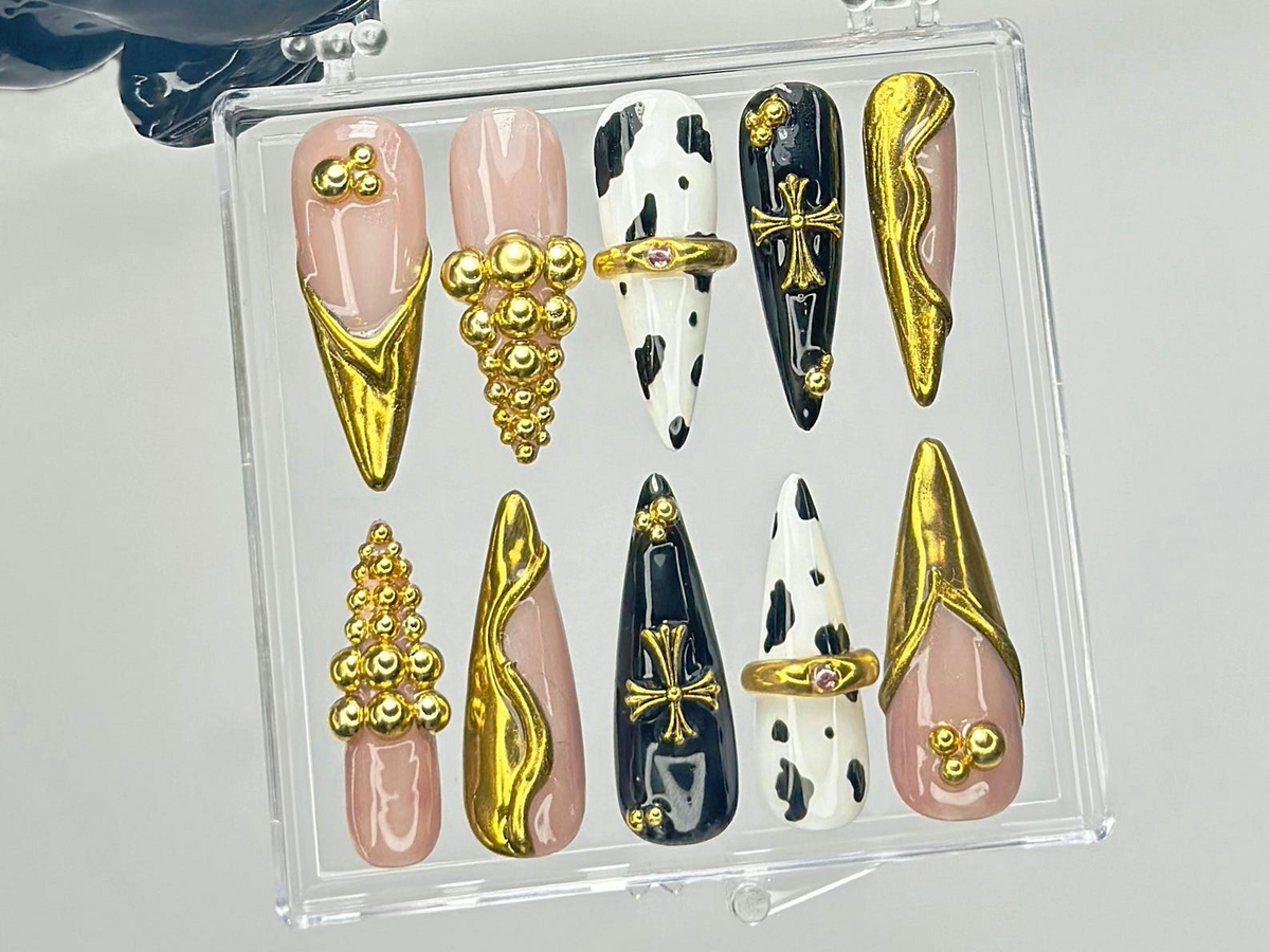 Black & Gold Luxury Press On Nails Bold Cow Print Fake Nails Golden Gothic Nail Art Glam Cow Print, Cross Design Press Ons