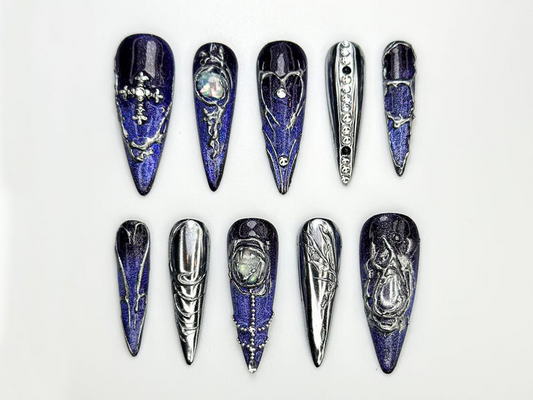 Chrome Purple Press On Nails Midnight Cross Galaxy Nails Gothic Celestial Nail Art 3D Moonstone Nail Design Mystical Nails OC862H