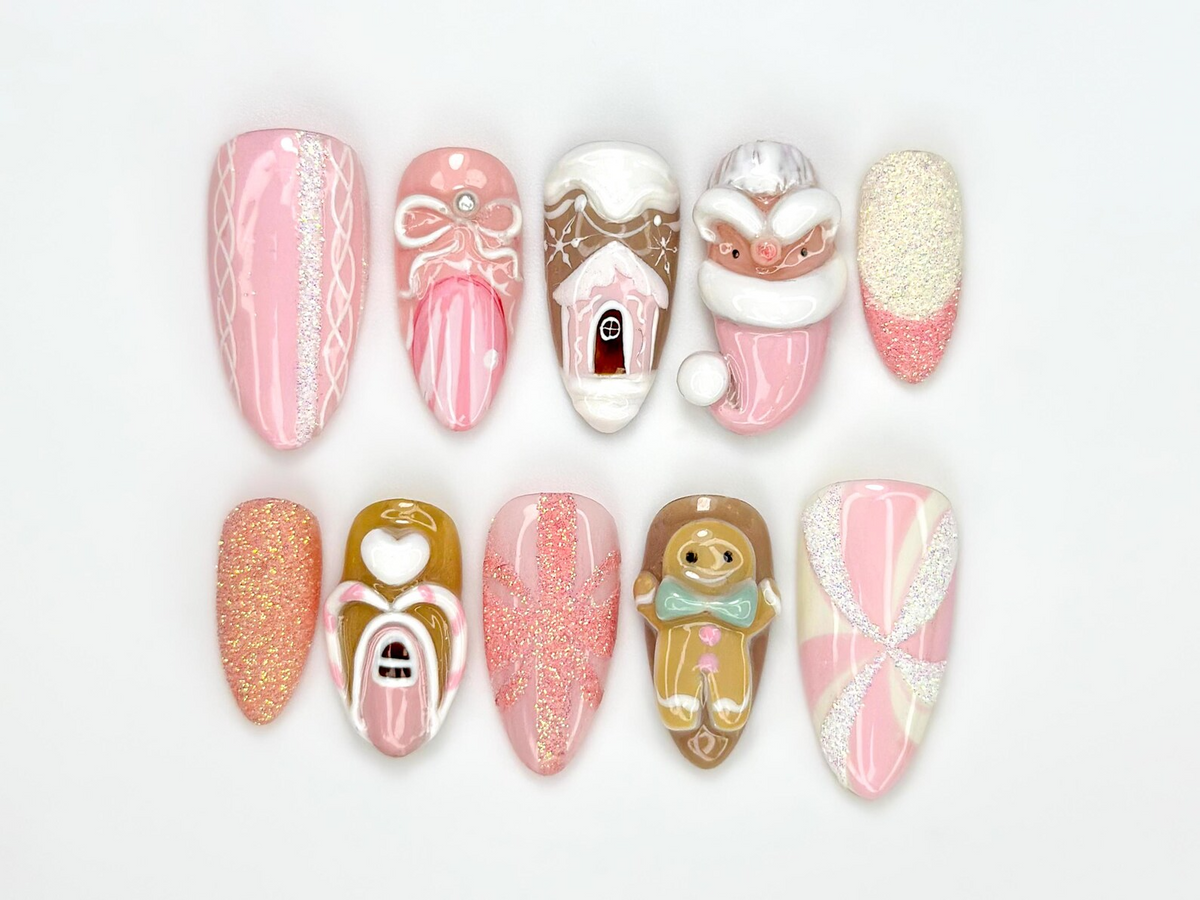 Pink Gingerbread Christmas Press On Nails Festive Holiday Nail Art 3D Santa & Candy Cane Nail Set Handmade Pink Winter Nails