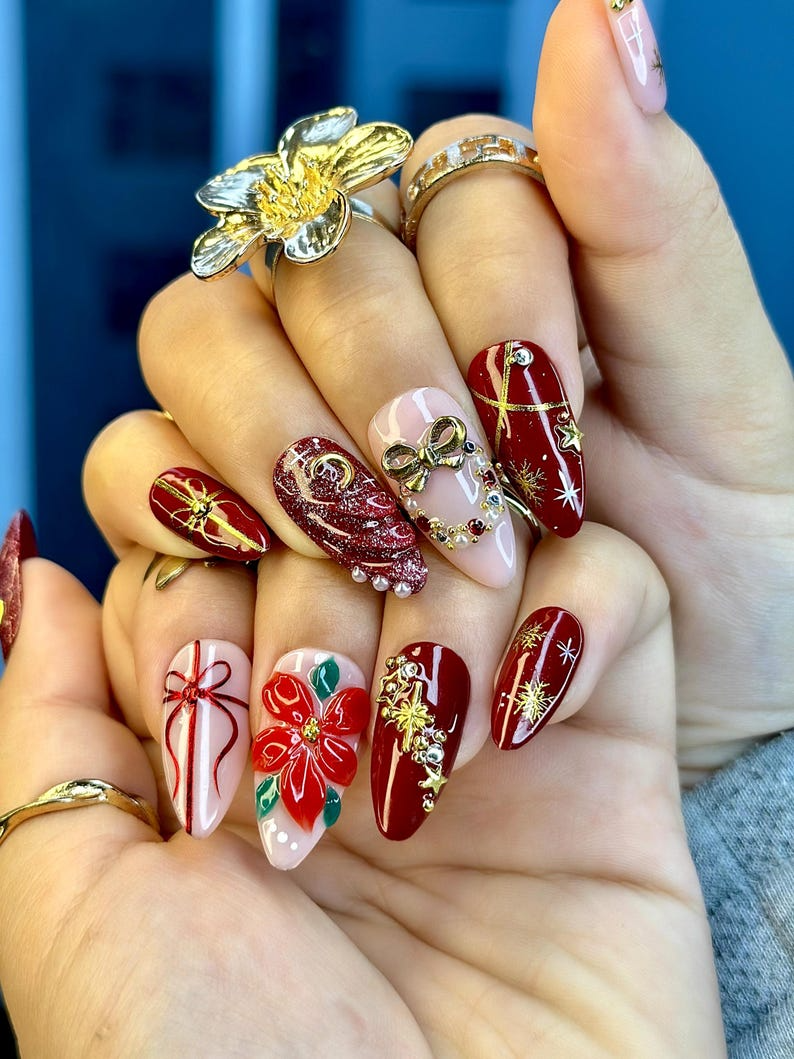Floral Christmas Press On Nails Red Gift Bow Nails Luxury Winter Nail Art Red Gold Holiday Nail Set
