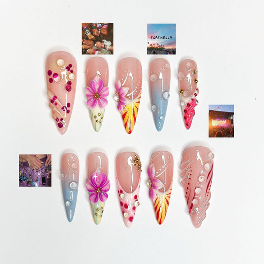 2026 Festival Trend: Hibiscus Tropical Nails, Sunset Glow Pink &Orange Ombre Nails, Flower
