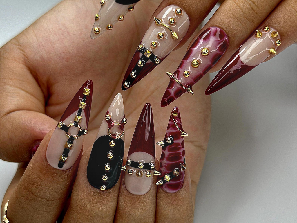 Gothic Punk Press On Nails Red Marble & Studded Spiked Nail Art Handmade Long Stiletto Nails