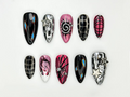 Y2K Black Pink Press On Nails Silver Star Chrome Nails Alt Fire Flame Design Cyber Gothic Press Ons Gothic Glam Nail Set