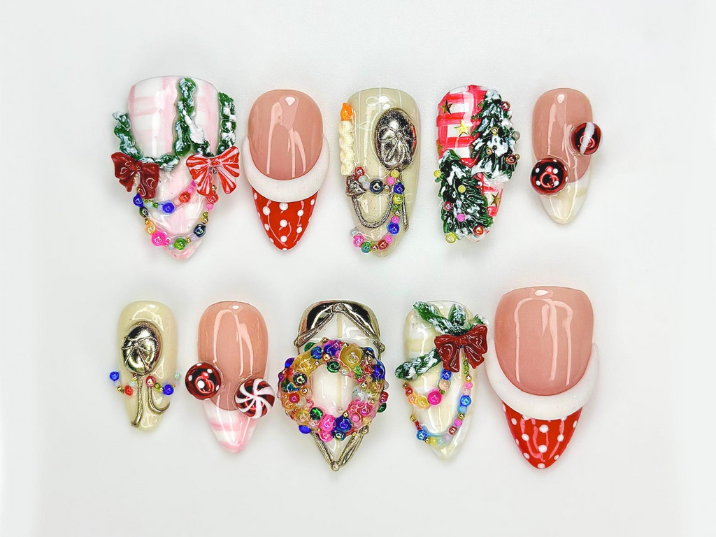 Merry Knit Christmas Press On Nails, 3D Bow Christmas Nail Art, Green Red Holiday Press