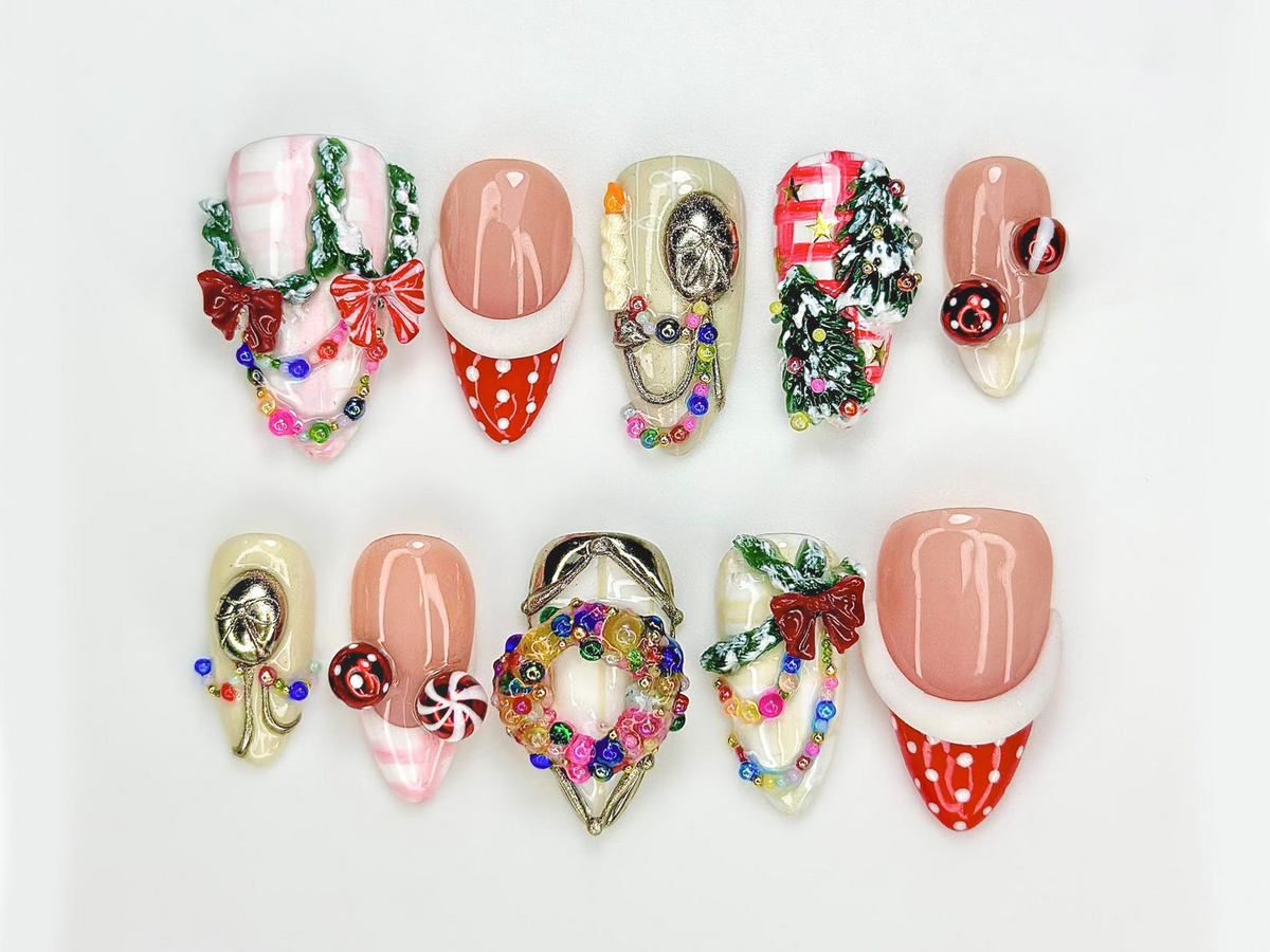 Merry Knit Christmas Press On Nails, 3D Bow Christmas Nail Art, Green Red Holiday Press