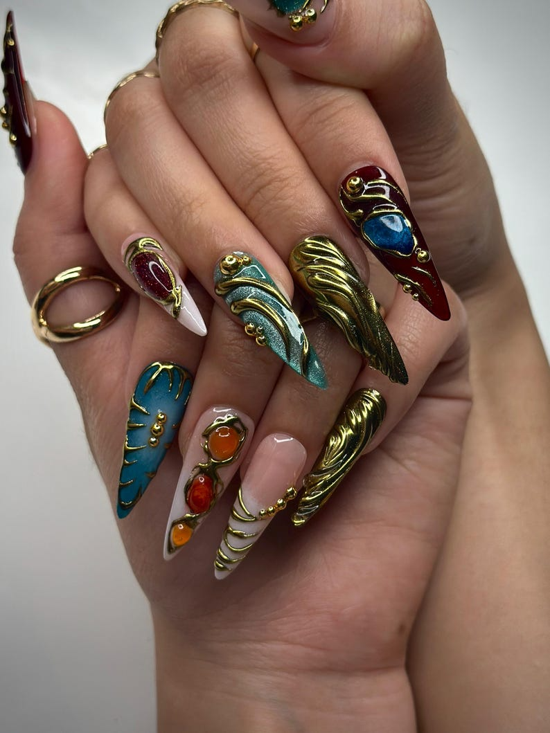 Colorful 3D Texture Press On Nails 3D Gemstone Royalty Nail Art Handmade Luxury Statement Nails Elegant Fantasy Nail Set