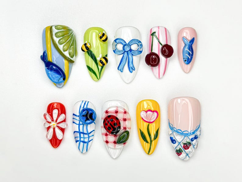 Garden Picnic Summer Press On Nails 3D Cherry, Bee & Flower Nail Art Summer Cottagecore Nails Cute Colorful Press Ons