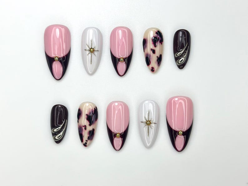 Pink Noir Star Press On Nails Chic French Tip Nail Art Leopard Accent Nails Elegant Handmade Nail Set