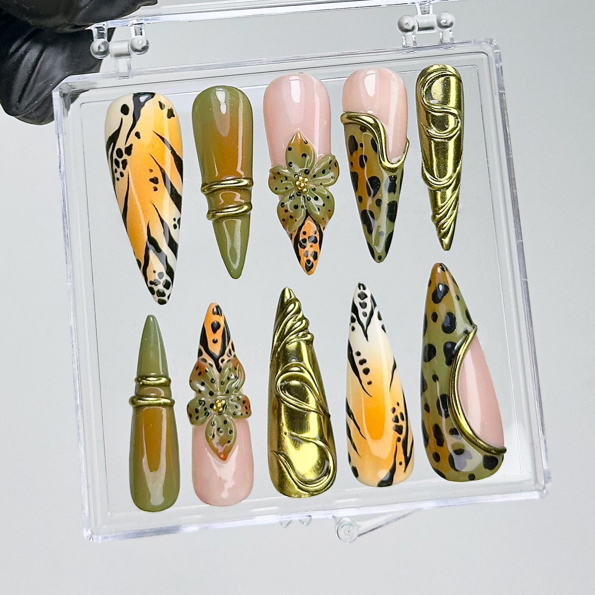 Jungle Safari Glam Press On Nails Gold 3D Embellished Leopard Fake Nails Olive & Mustard Animal Print Nail Art Exotic Nails