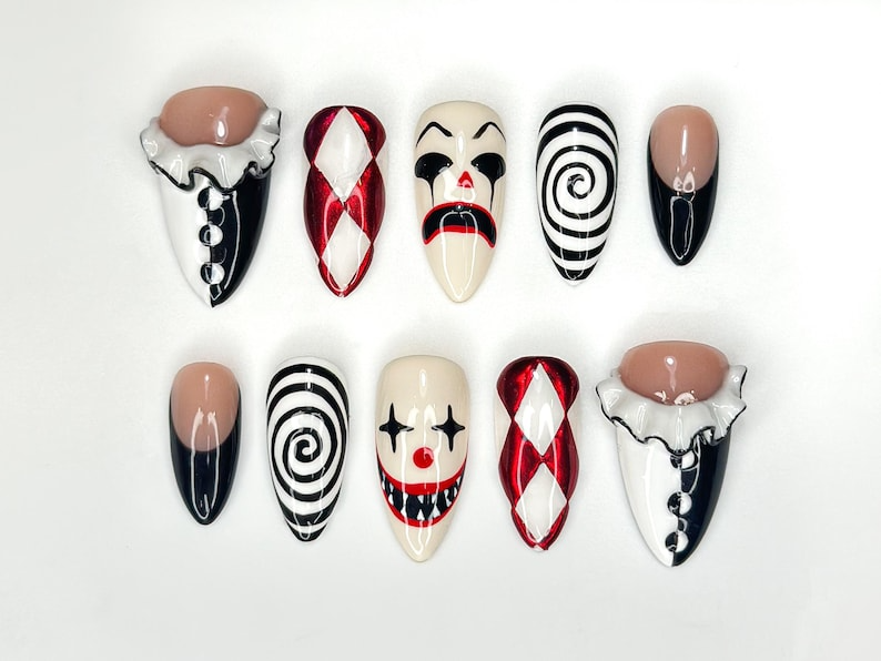 Creepy Clown Carnival Press On Nails, Horror-Inspired Clown Nail Art, Spooky Halloween
