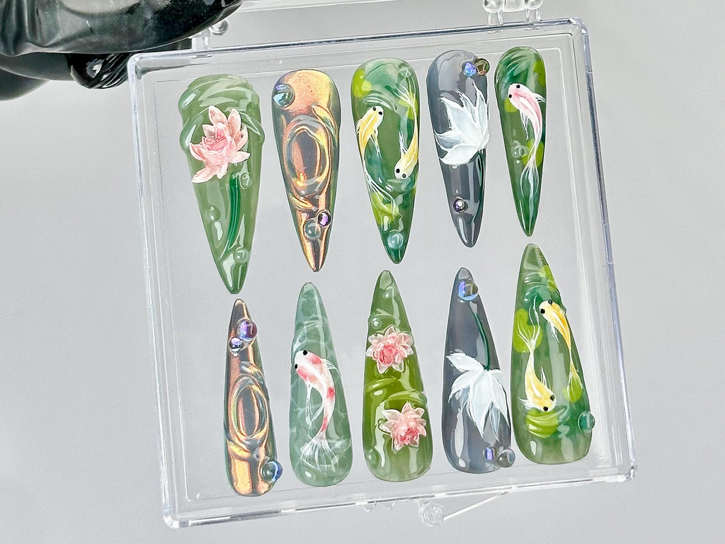 Koi Fish Nail Art by DoryNails Japanese Pond Acrylic Nails Water Garden Nail Art Zen Inspired Fake Nails Nature Aesthetic