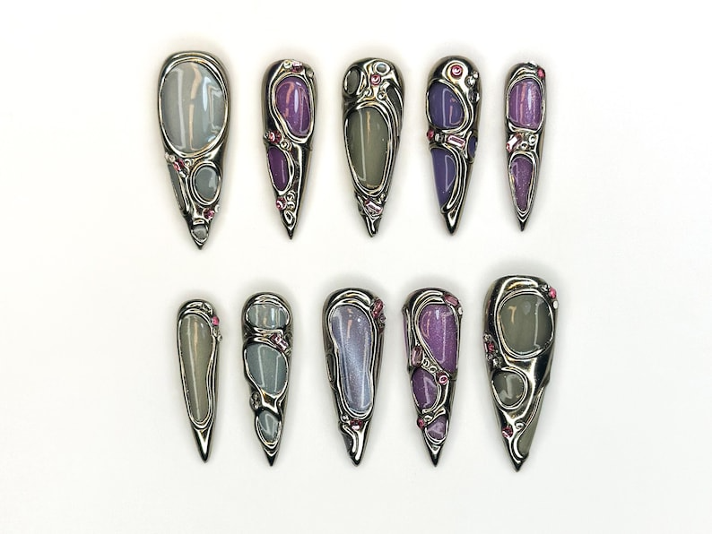 Futuristic Metallic Press On Nails Silver Frame Nail Art Gemstone Inspired Handmade Nails Gray & Purple Luxury Nail Set