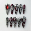 Gothic Blood Cross Press On Nails Dark Red Medieval Nails Silver Armor Nail Art Gothic Cross Statement Nails