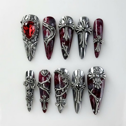 Gothic Blood Cross Press On Nails Dark Red Medieval Nails Silver Armor Nail Art Gothic Cross Statement Nails