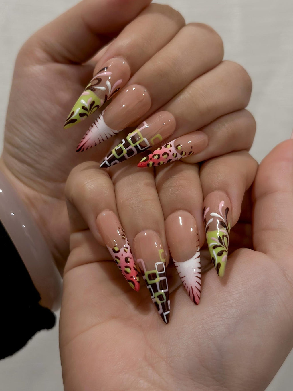 Modern Garden French Press On Nails Playful Floral & Polka Dot Nails Luxury Nude Base