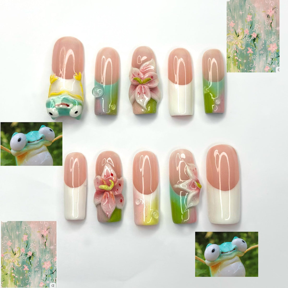 Handmade Frog Press On Nails, Fairy Garden Nails with 3D Flowers, Cute Cottagecore Gift